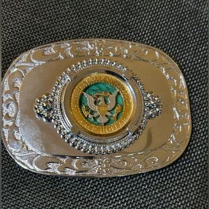 Silvertone Metal 4x3 Buckle-Center is US Kennedy Half Dollar Coin Cutout